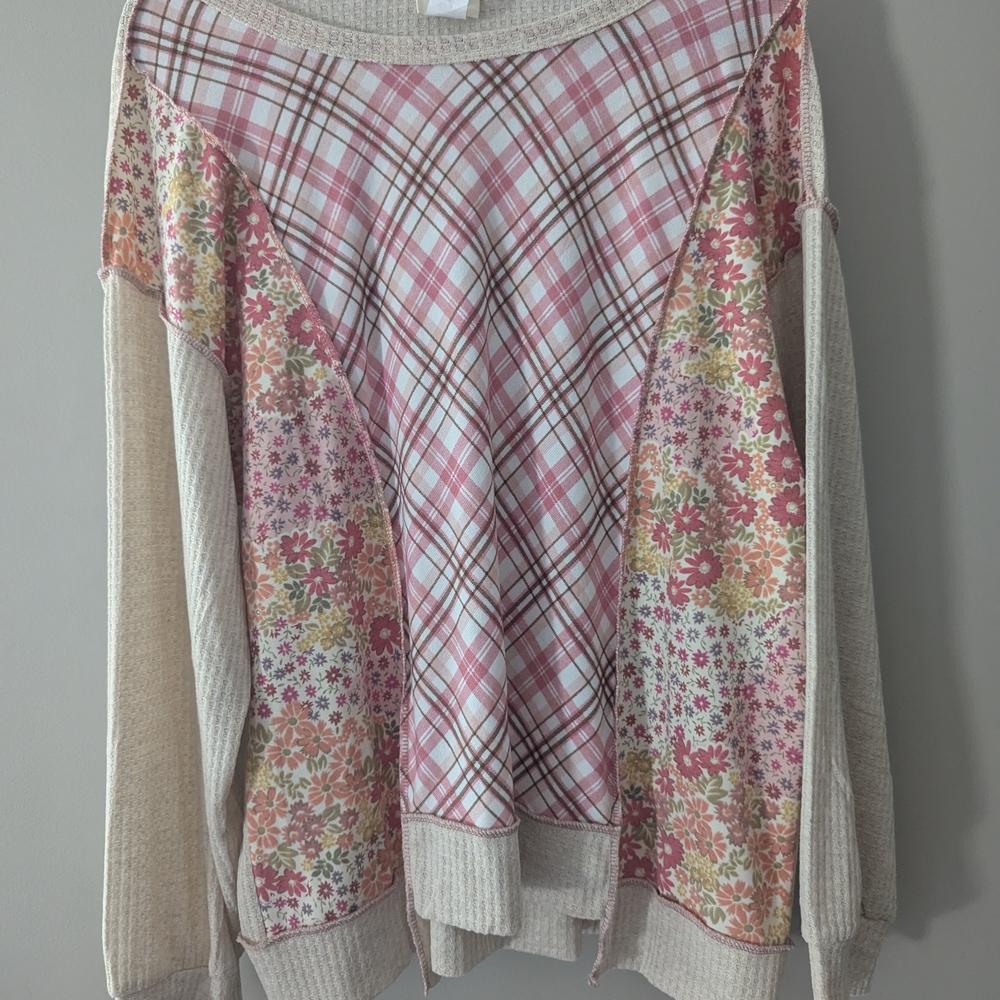 BiBi Pink Floral and Plaid Sweater